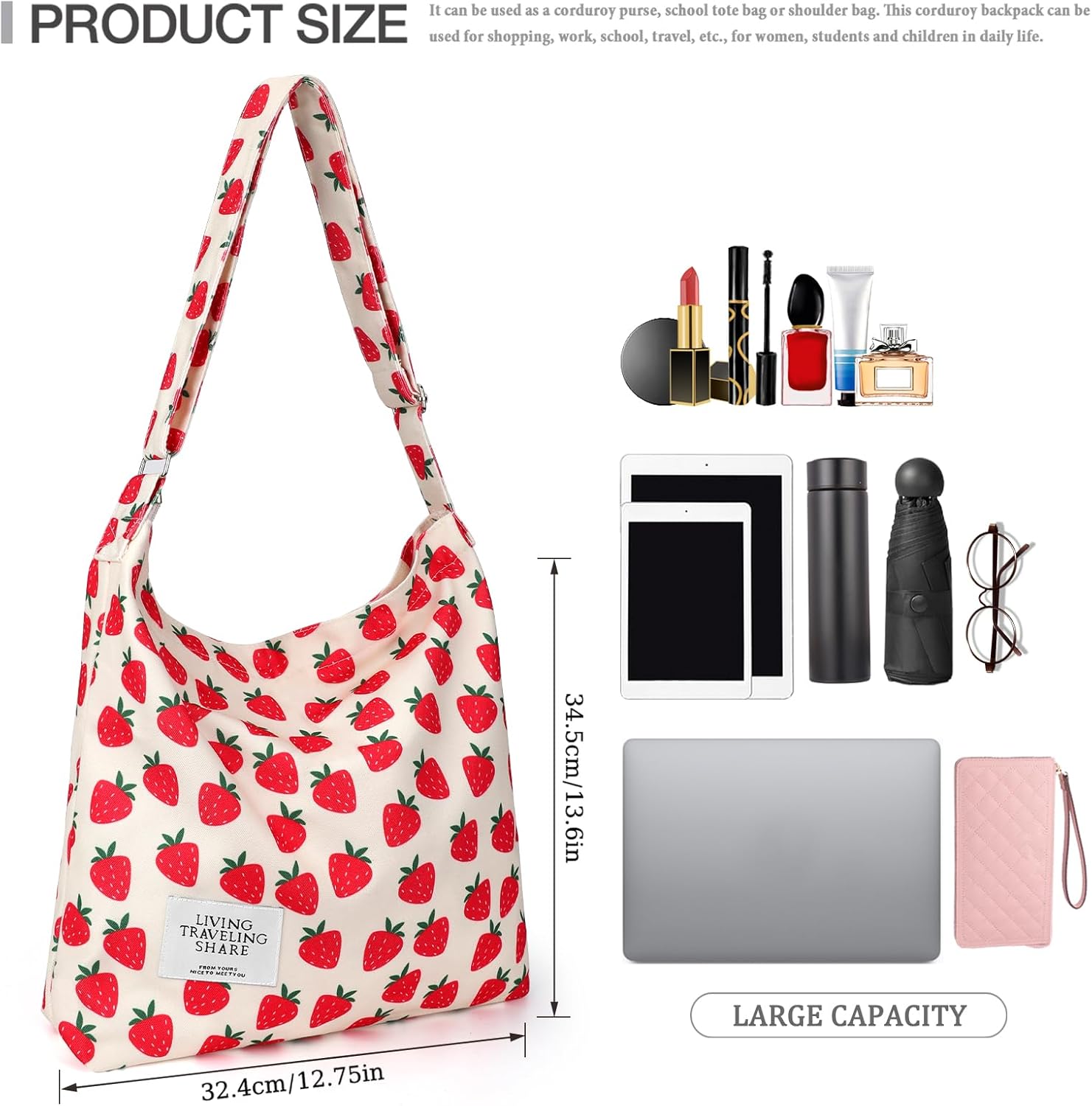 Canvas Tote Bag with External Pocket Design, Stylish Appearance, Adjustable Shoulder Strap, Strawberry Beige