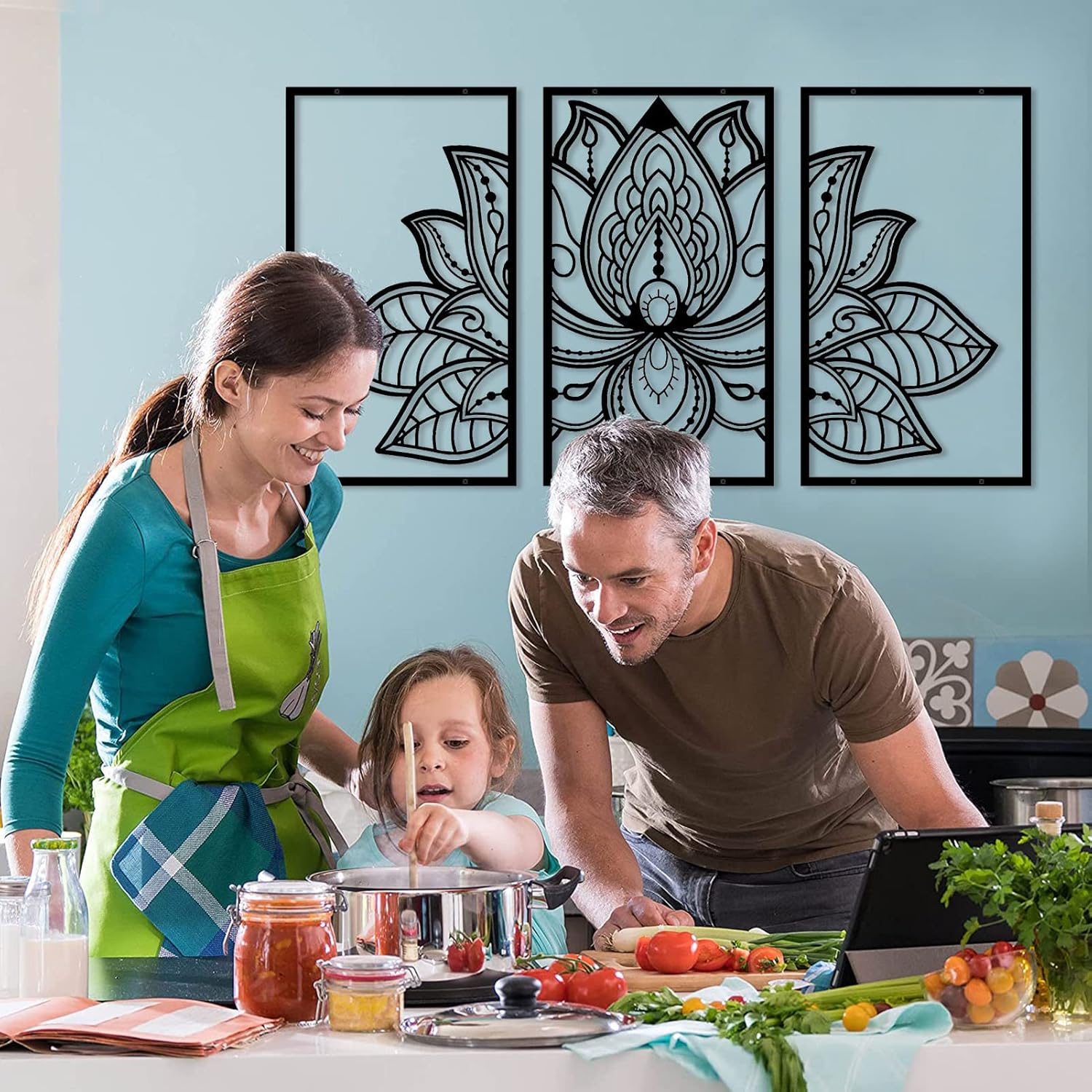 Large Lotus Flower Metal Wall Art 3-piece Set, Religion Faith Mandala Home Wall Decoration