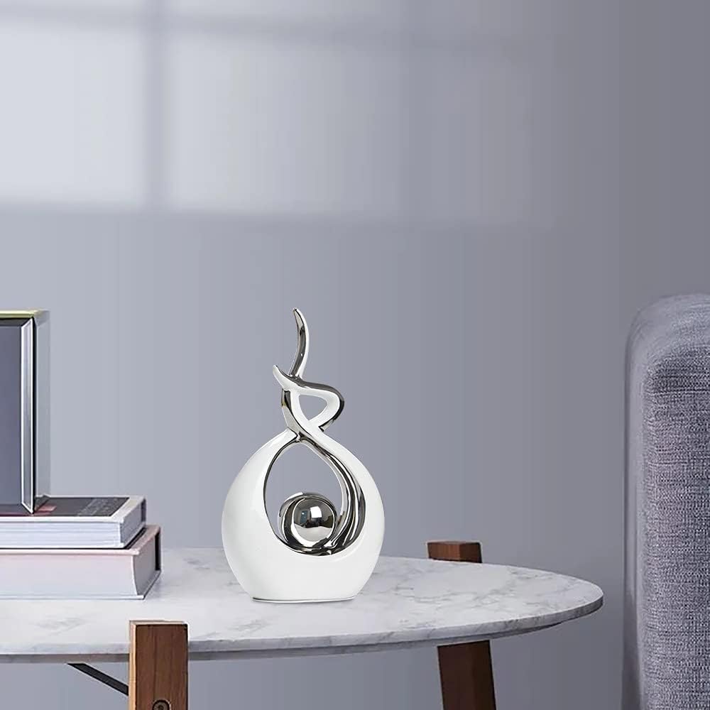 Modern Abstract Art Ceramic Statue Table Decorations for Dining Room Living Room Office Centerpiece, White and Silver