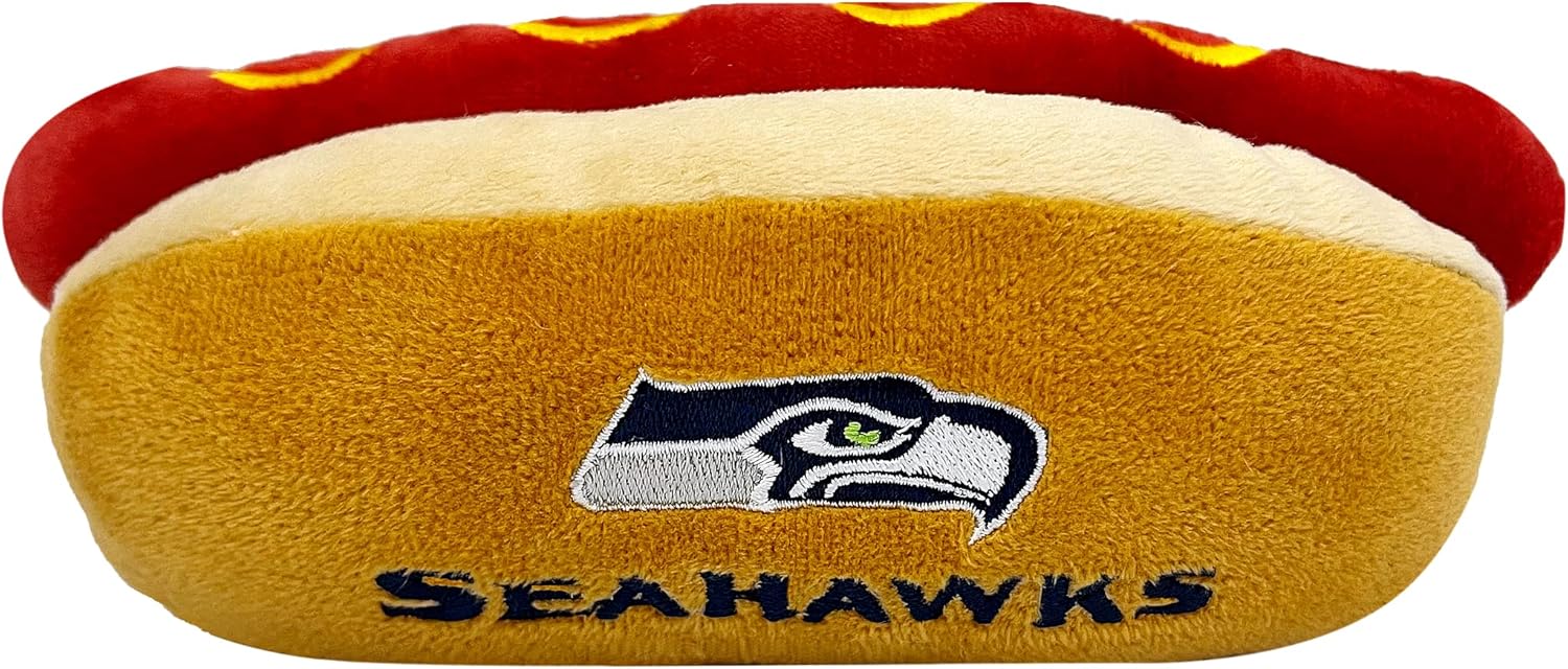 NFL Seattle Seahawks HOT Dog Plush Dog & CAT Squeak Toy with Inner Squeaker & Beautiful Football Team Name/Logo 8 x 5 x 3 Inches