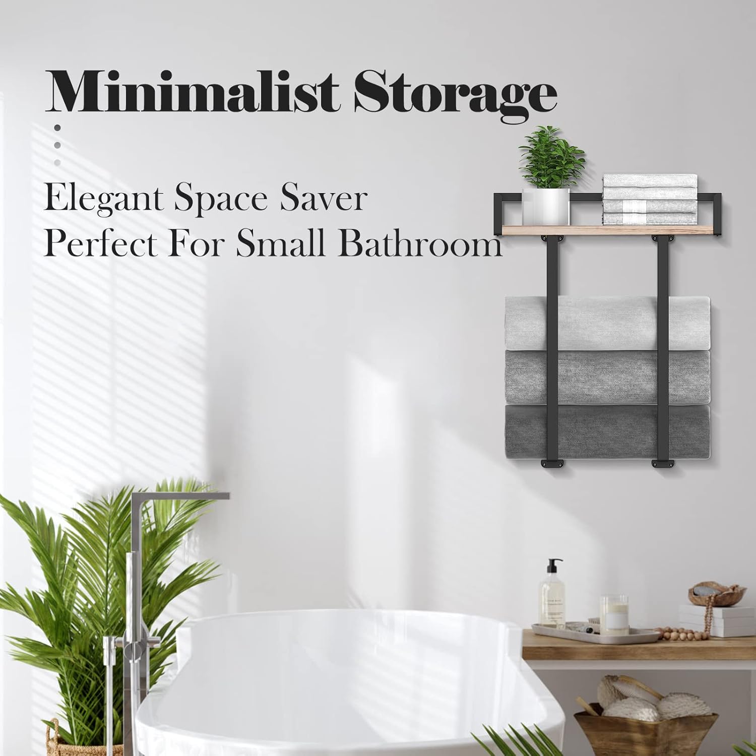 Metal Towel Holder with Wooden Shelf for Folding Large Towels, Towel Storage for Small Bathroom Organizer Decor, Small