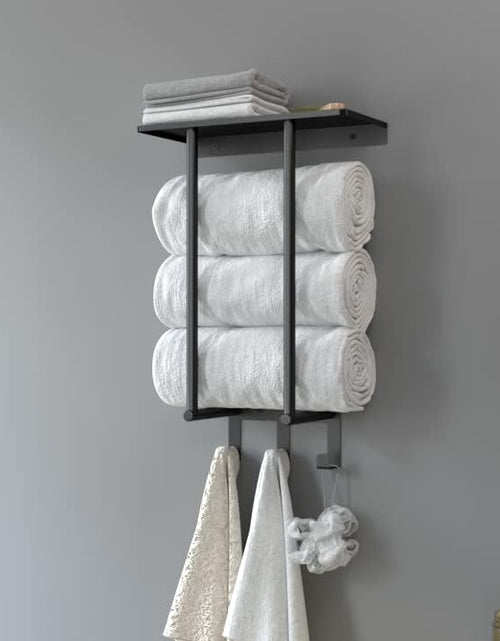 Load image into Gallery viewer, Bathroom Towel Rack Wall Mounted with Metal Shelf and 3 Hooks for Small Bathroom, Black, Round Tube

