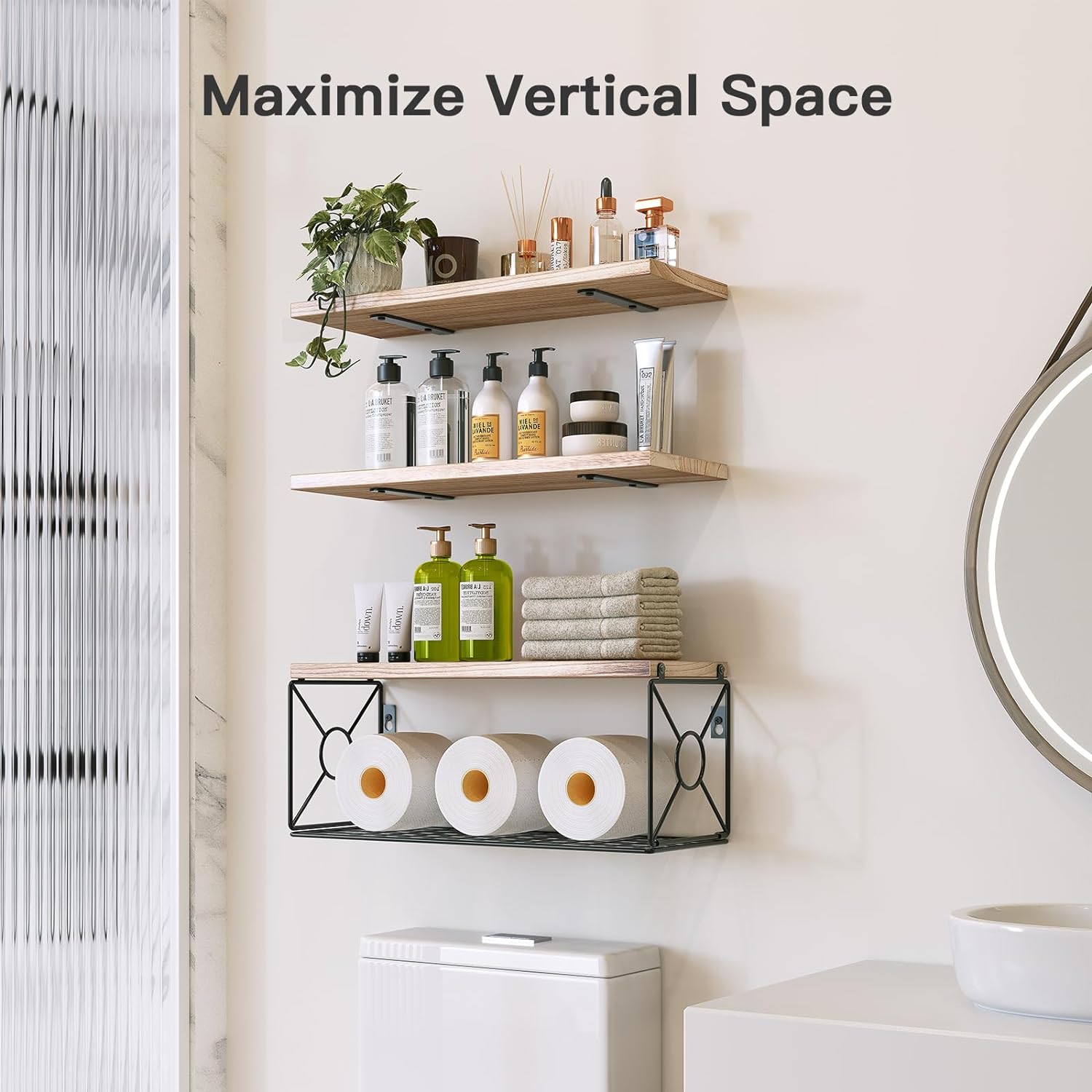 Bathroom Shelves Over Toilet with Storage Basket for Home Organization & Wall Decor, Natural Wood