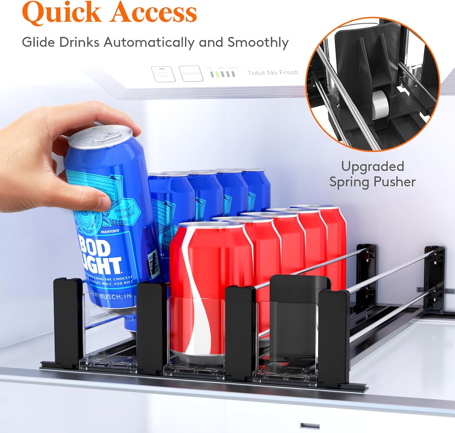 Drink Organizer for Fridge, Soda Can Dispenser for Refrigerator with Self-Pushing Width Adjustable Glide, Holds up to 15 Cans