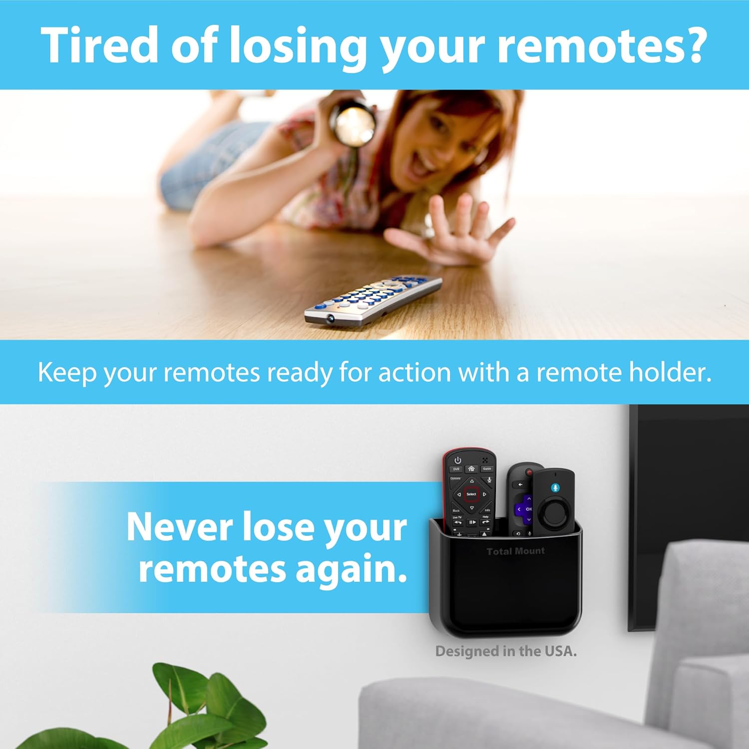Hole-Free Remote Holder – Eliminates Need to Drill Holes in Your Wall (For 2 or 3 Remote Controls – Black – Quantity 1)