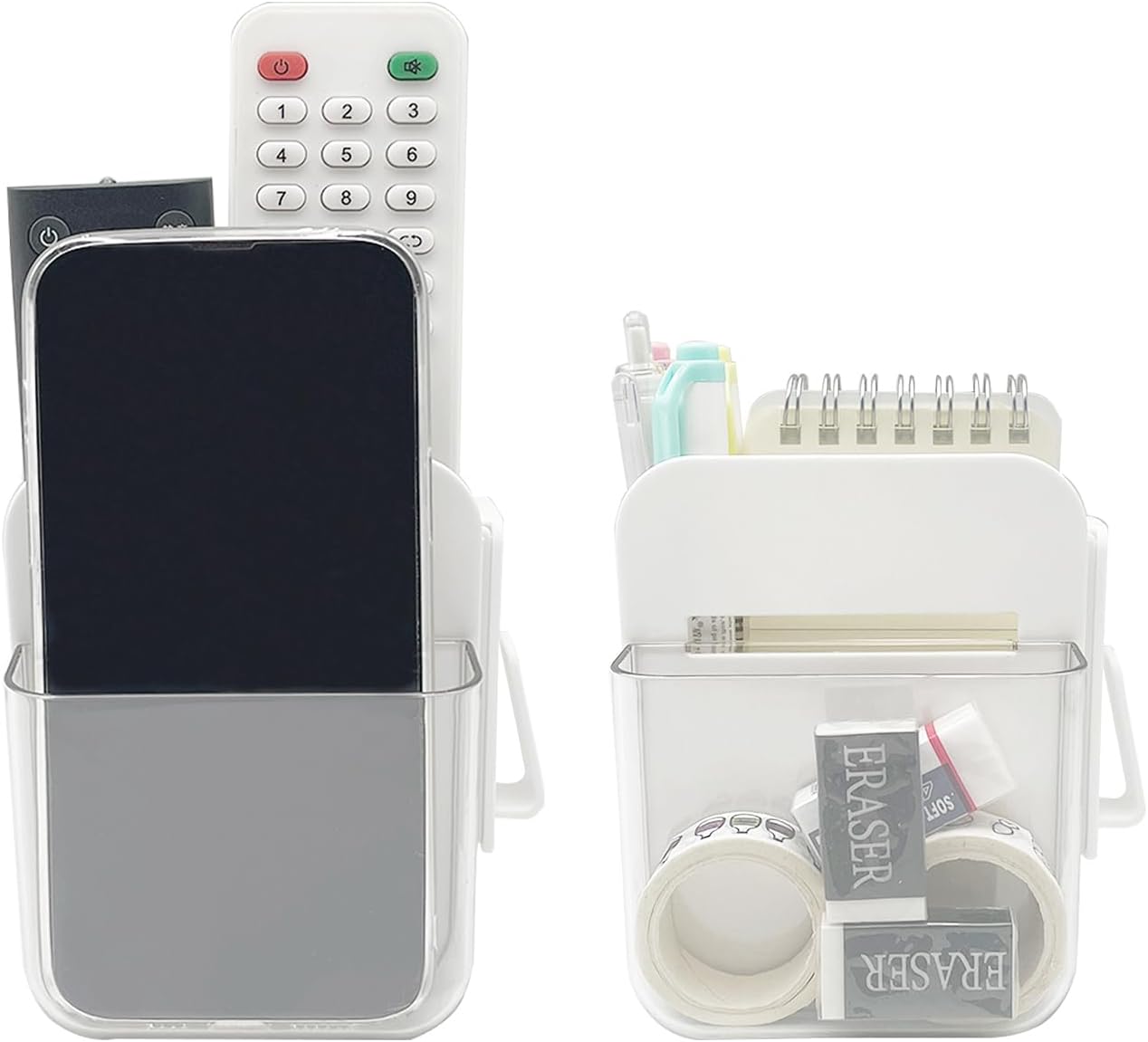 2 Pack Wall Mount Storage Organizer Box Adhesive Remote Control Holder 2 Tier Compartments and Hook