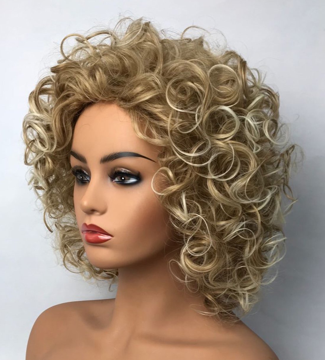 8 inch Women Wigs Medium Curly Glod Blonde Mix Wigs Synthetic Wigs Best Natural Wigs, Gold