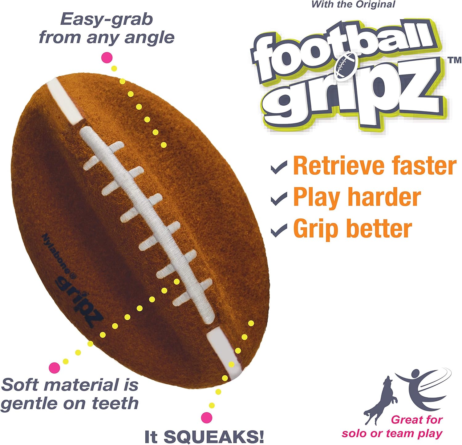 Football Gripz Fetch Toy, Squeaky Ball Chew Toy for Dogs, Medium (1 Count) Medium