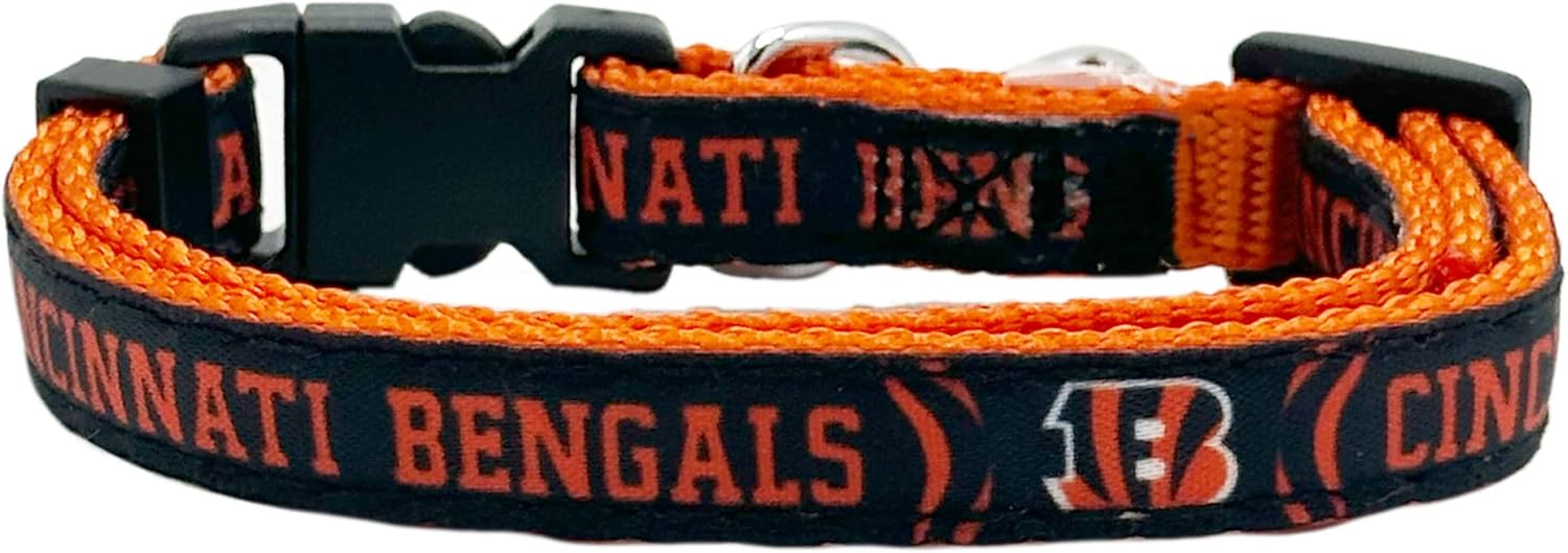 CAT Collar Cincinnati Bengals Satin Football Team Collar for Dogs & Cats. A Shiny & Colorful Cat Collar with Ringing Bell Pendant