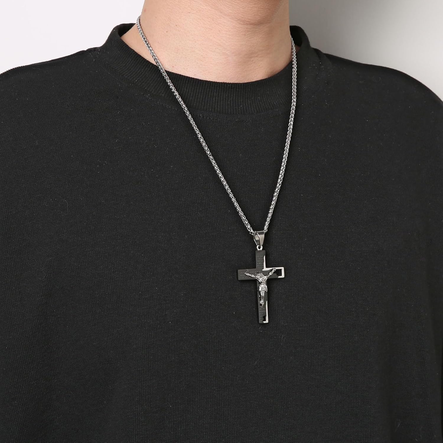 Men's Stainless Steel Cross Crucifix Bible Prayer Pendant Necklace 22+2" Chain, Black