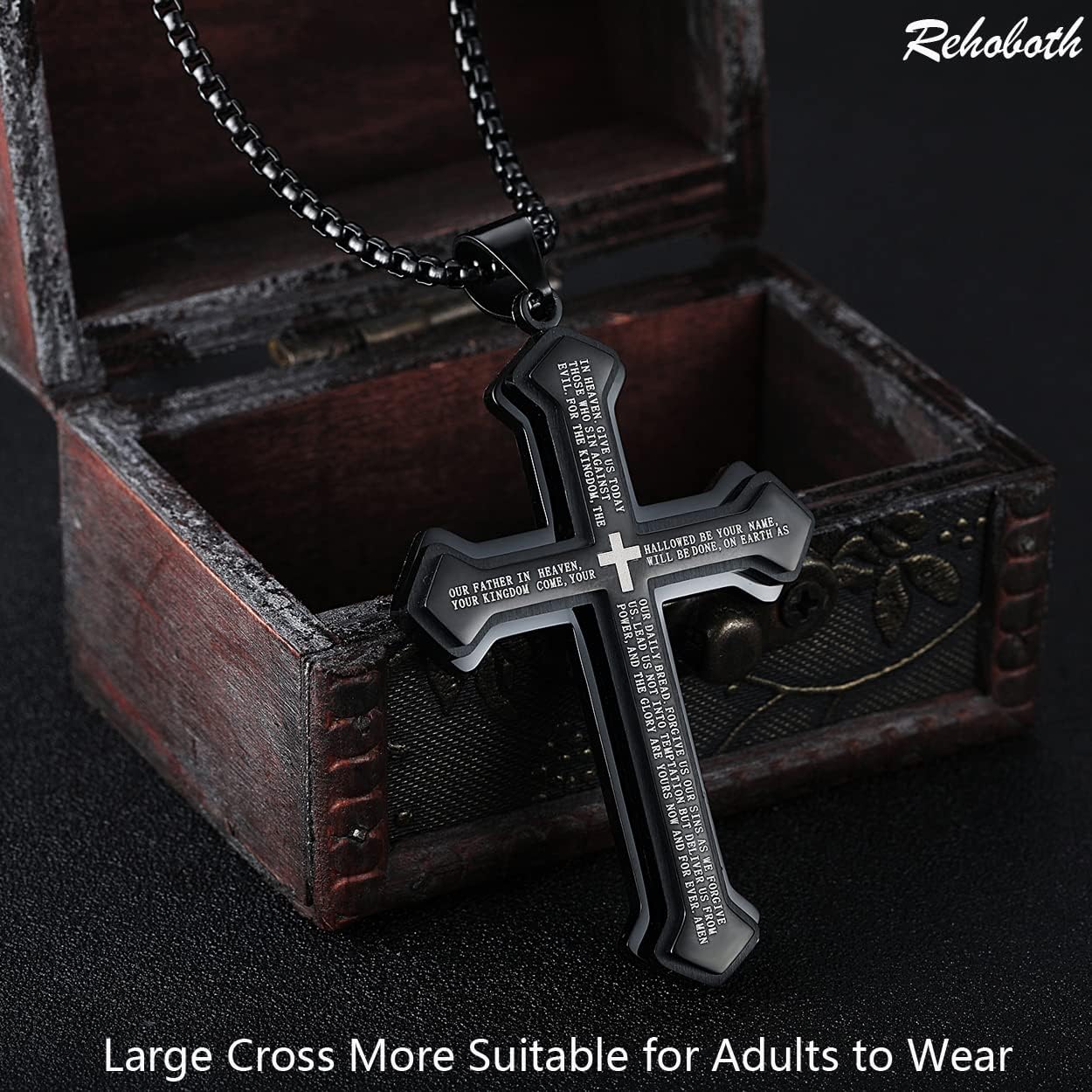 Men's Stainless Steel Nail Lord's Prayer Cross Pendant Necklace for Men Women Big Pendant and Strong Chain 24", Black