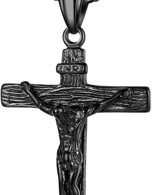 Load image into Gallery viewer, Jesus Christ on INRI Crucifix Cross Pendant Necklace for Teens Womens Mens with 24 Inch Stainless Steel Chain, Black
