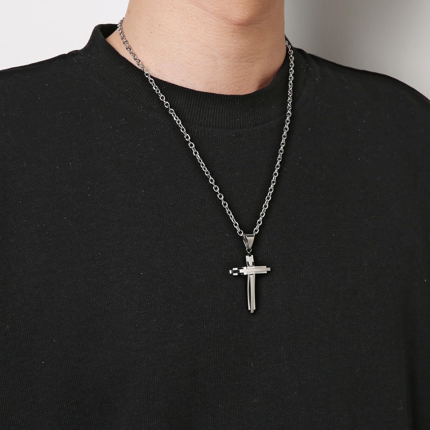 Mens Polished Stainless Steel Silver Cross Pendant Necklace 22+2 Inches Chain