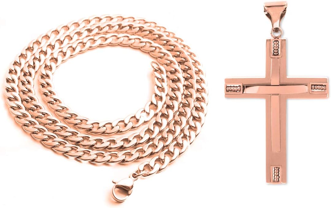 Stainless Steel Cross Pendant 24 inch Cuban Chain Necklace for Men, Rose Gold