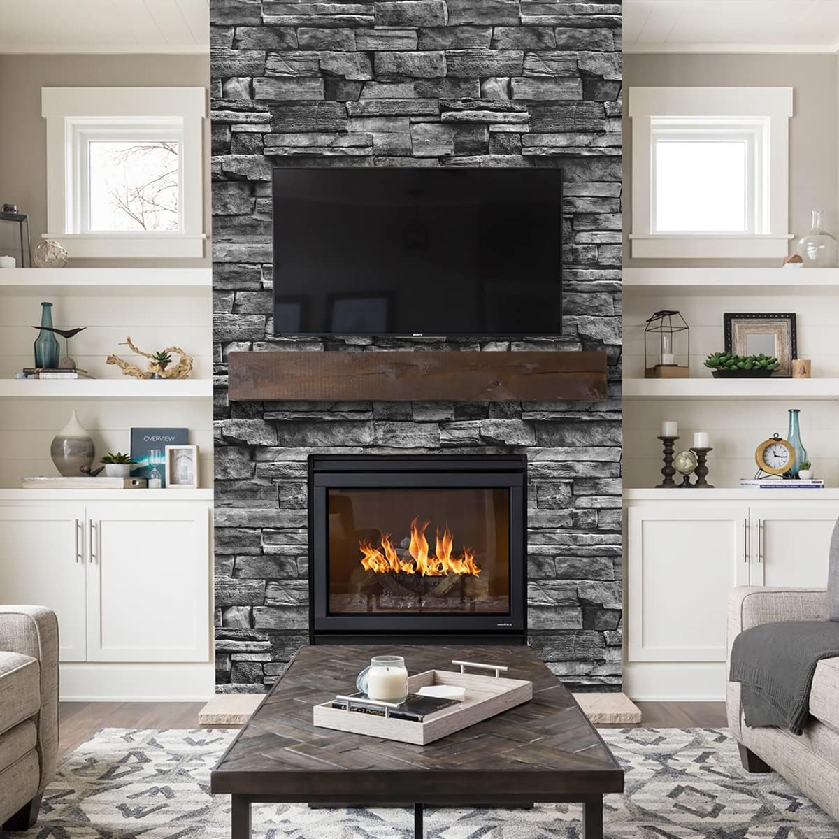 Grey Brick Peel and Stick Wallpaper 17.7inch×118.1inch Faux Stone Self Adhesive Removable Wall Paper Decor Vinyl