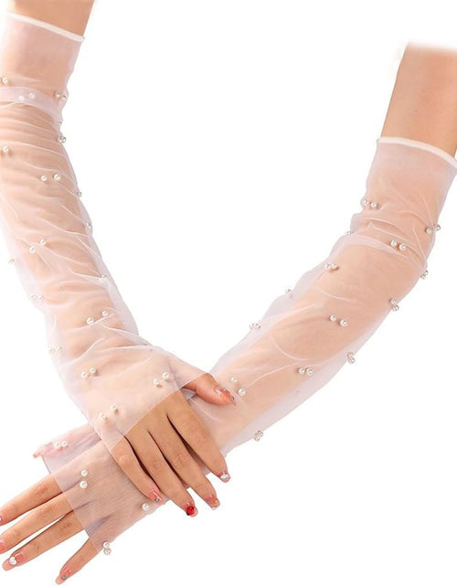 Load image into Gallery viewer, Long Wedding Tulle Gloves White Pearl Bridal Gloves Elbow Length Summer Fingerless Gloves for Women and Girls, White
