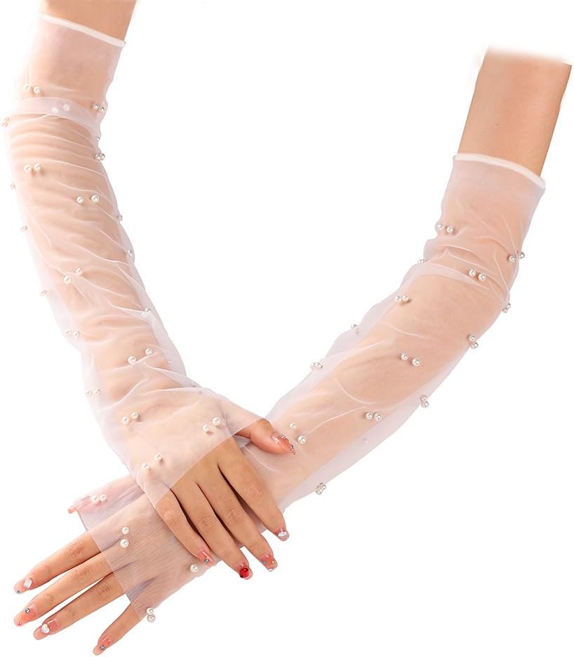 Long Wedding Tulle Gloves White Pearl Bridal Gloves Elbow Length Summer Fingerless Gloves for Women and Girls, White