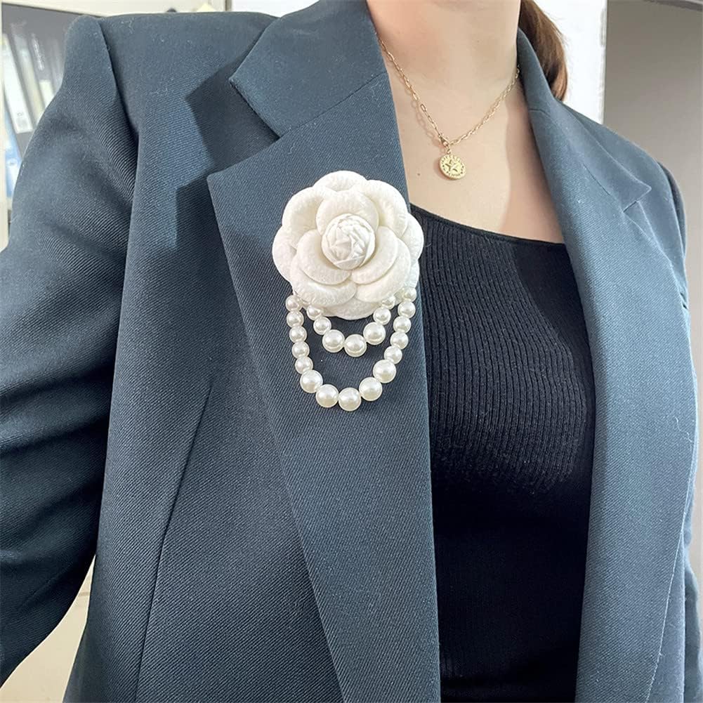 Camellia Flower Brooch Pins Pearl Tassel Corsage Jewelry Brooches for Women Shirt Collar Clothing Accessories