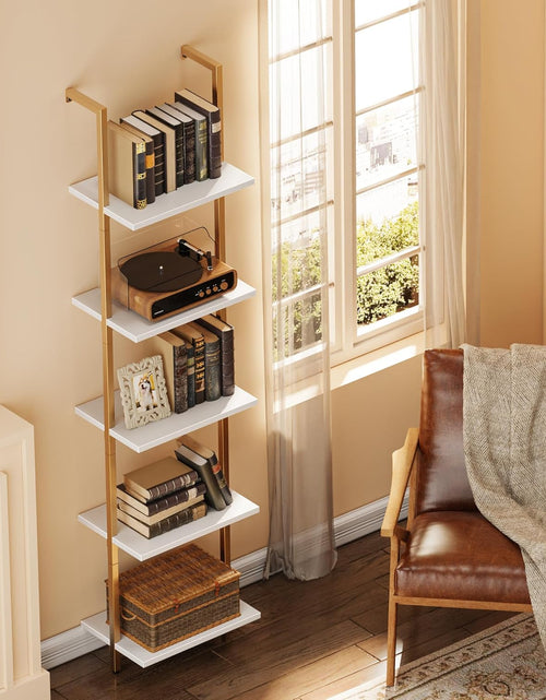 Load image into Gallery viewer, 5-Tier Bookshelf, Narrow Book Shelf, Open Wall-Mounted Ladder Shelf with Metal Frame
