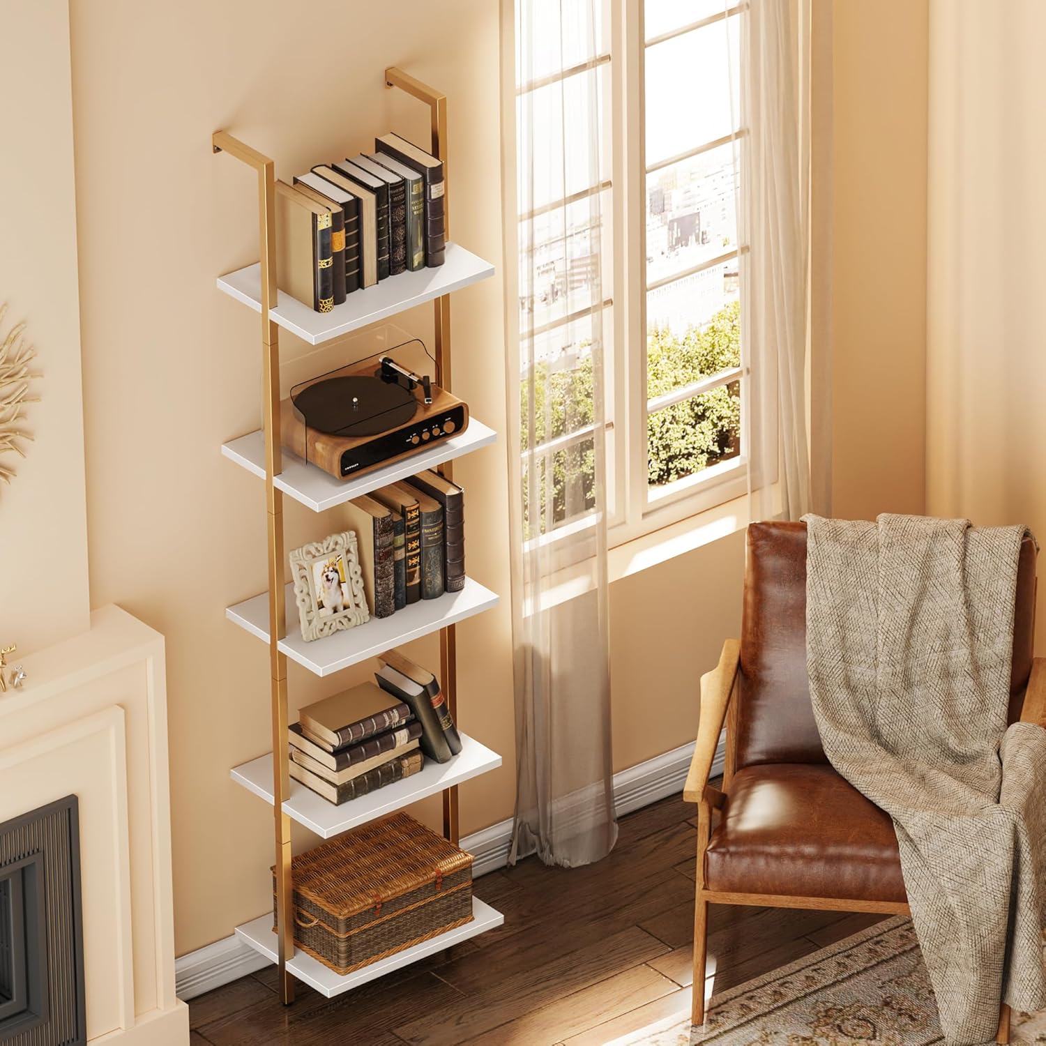 5-Tier Bookshelf, Narrow Book Shelf, Open Wall-Mounted Ladder Shelf with Metal Frame