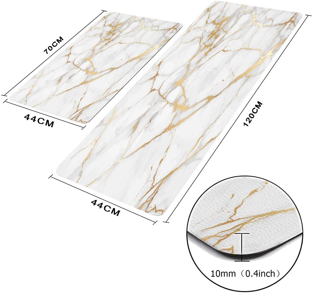 2 Piece Set Marble Kitchen Mats, Gold White Kitchen Rugs Cushioned Anti Fatigue, 17"x29"+17"x47"