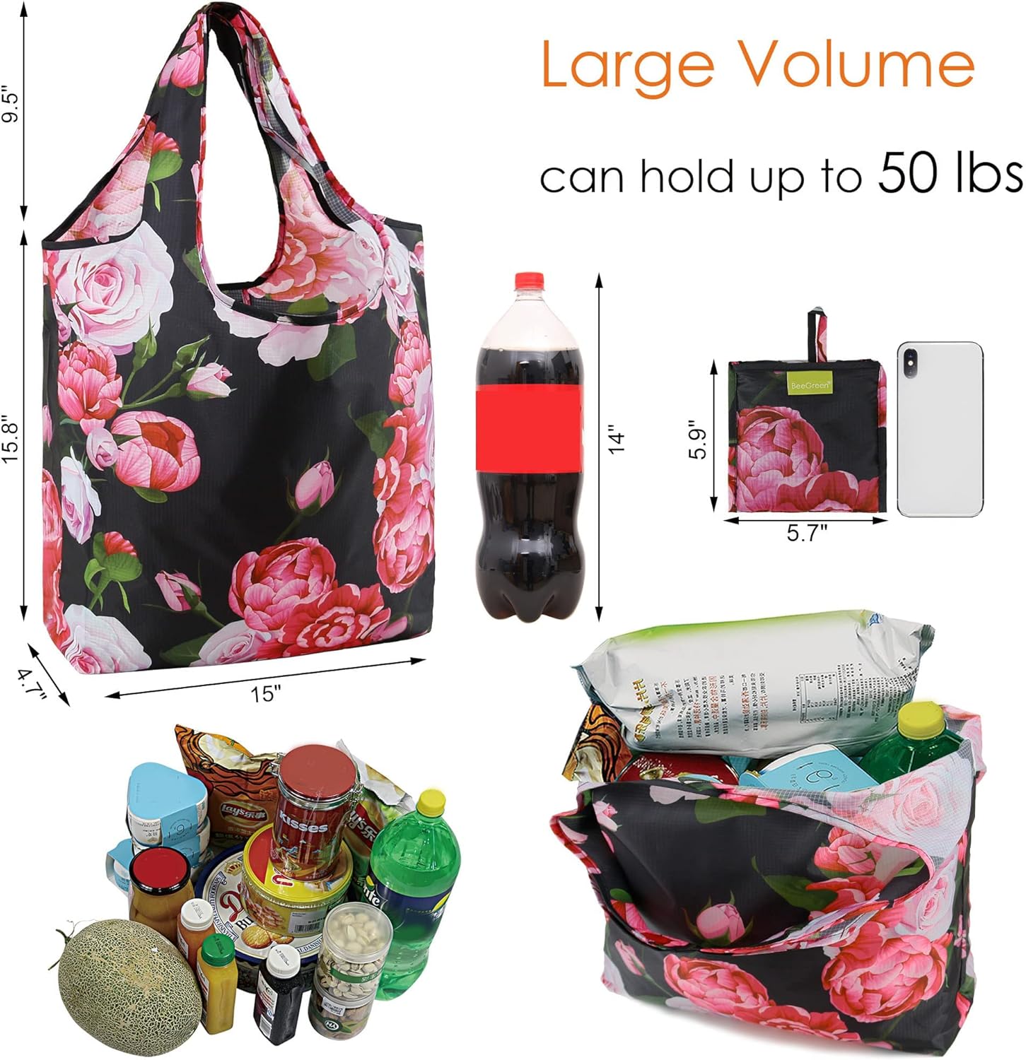 Floral Tote Bags Foldable Flower Grocery Reusable Bags Large Shopping Tote for Groceries, 6 PIeces
