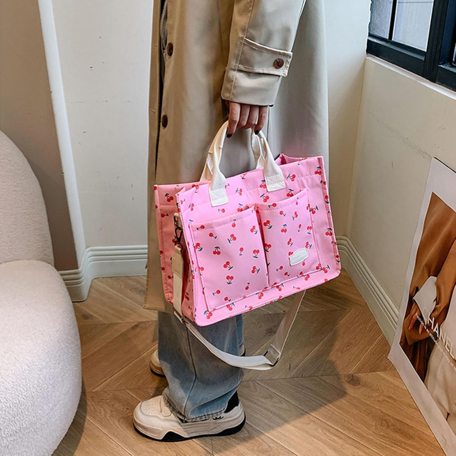 Cherry Tote Bag for Women Canvas Patched Purse Cute Shoulder Bag Multi-Pocket Satchel Handbag