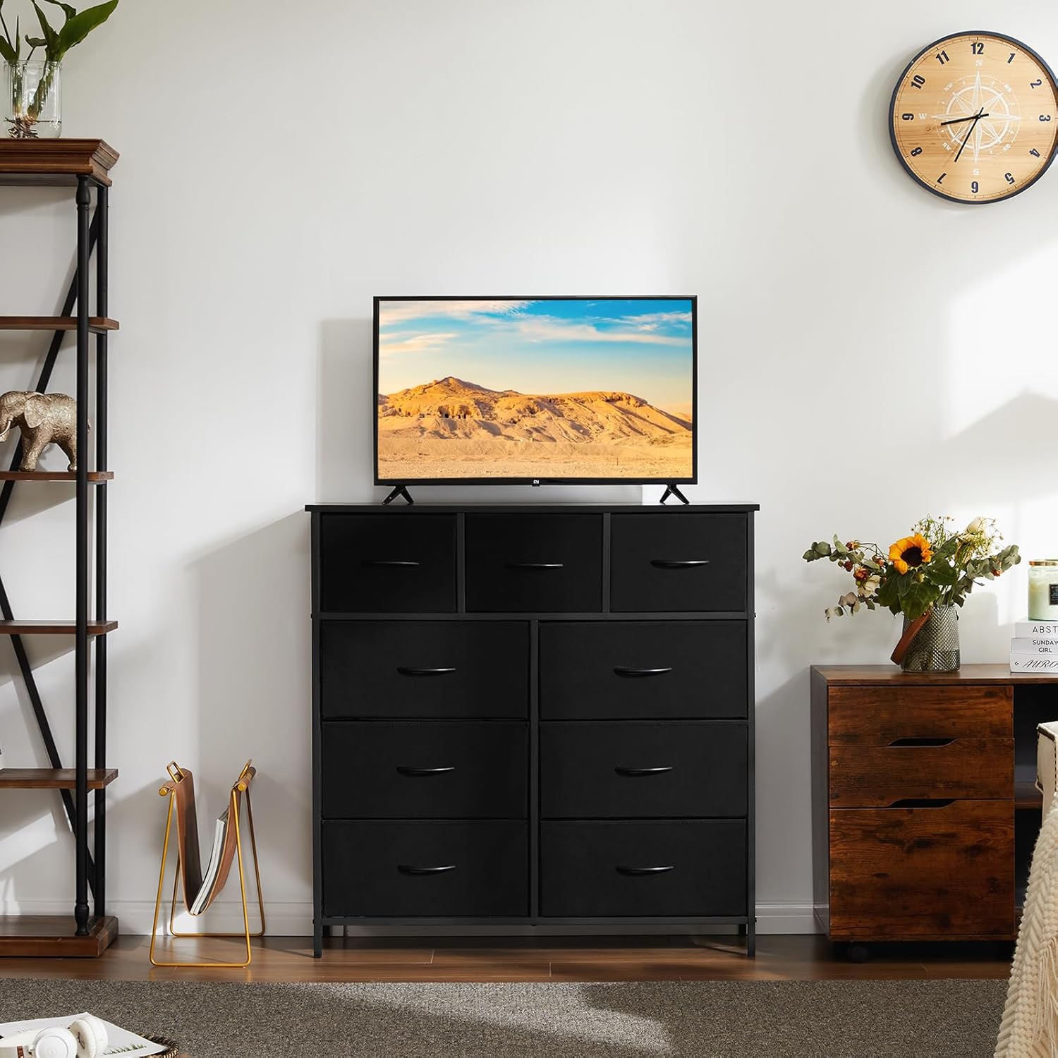 Dresser for Bedroom, Storage Tower with 9 Chest of Drawers with Fabric Bins, Black