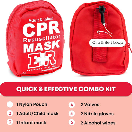 First Aid Adult and Infant CPR Mask Combo Kit with 2 Valves with Pair of Vinyl Gloves