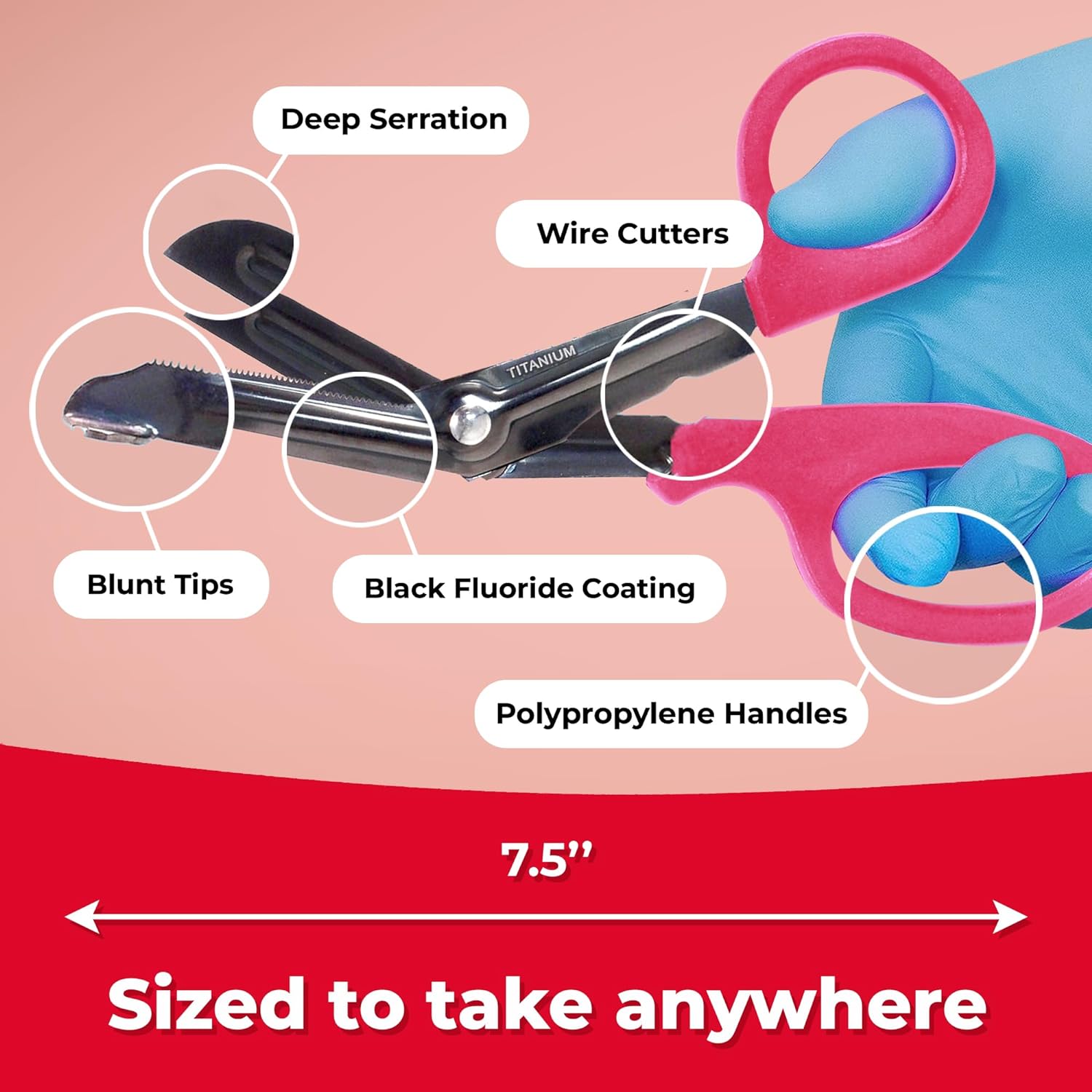Autoclavable Titanium Bonded Bandage Shears 7 1/4" Bent, Pink - 2 Pack, Pink/Black