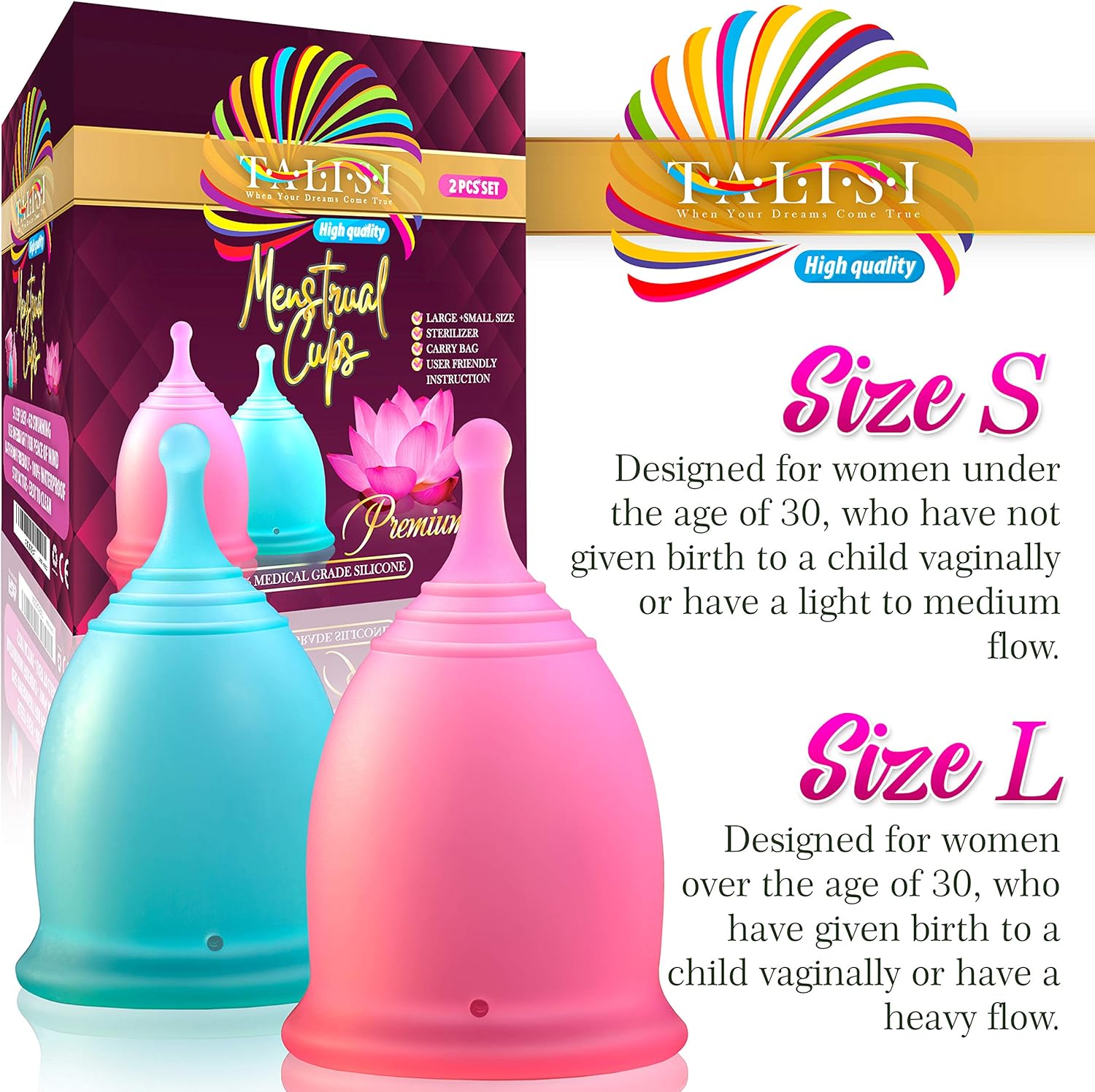 Menstrual Cups Set of 2 with Collapsible Silicone Foldable Sterilizing Cup, Large and Small, Round Steam