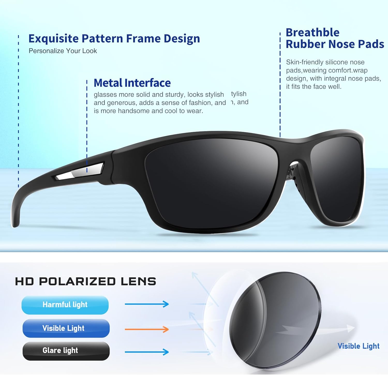 Polarized Sports Sunglasses for Men: UV400 Protection Glasses, Black