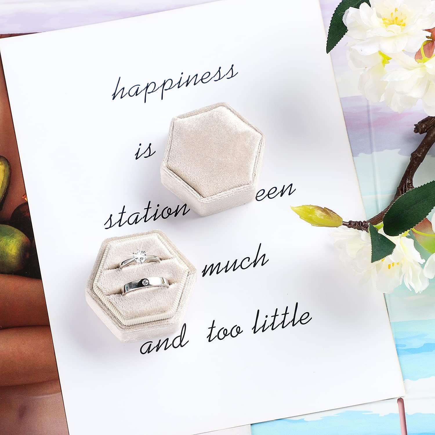 Hexagon Premium Gorgeous Vintage Double Ring Gift Box with Detachable Lid, Beige