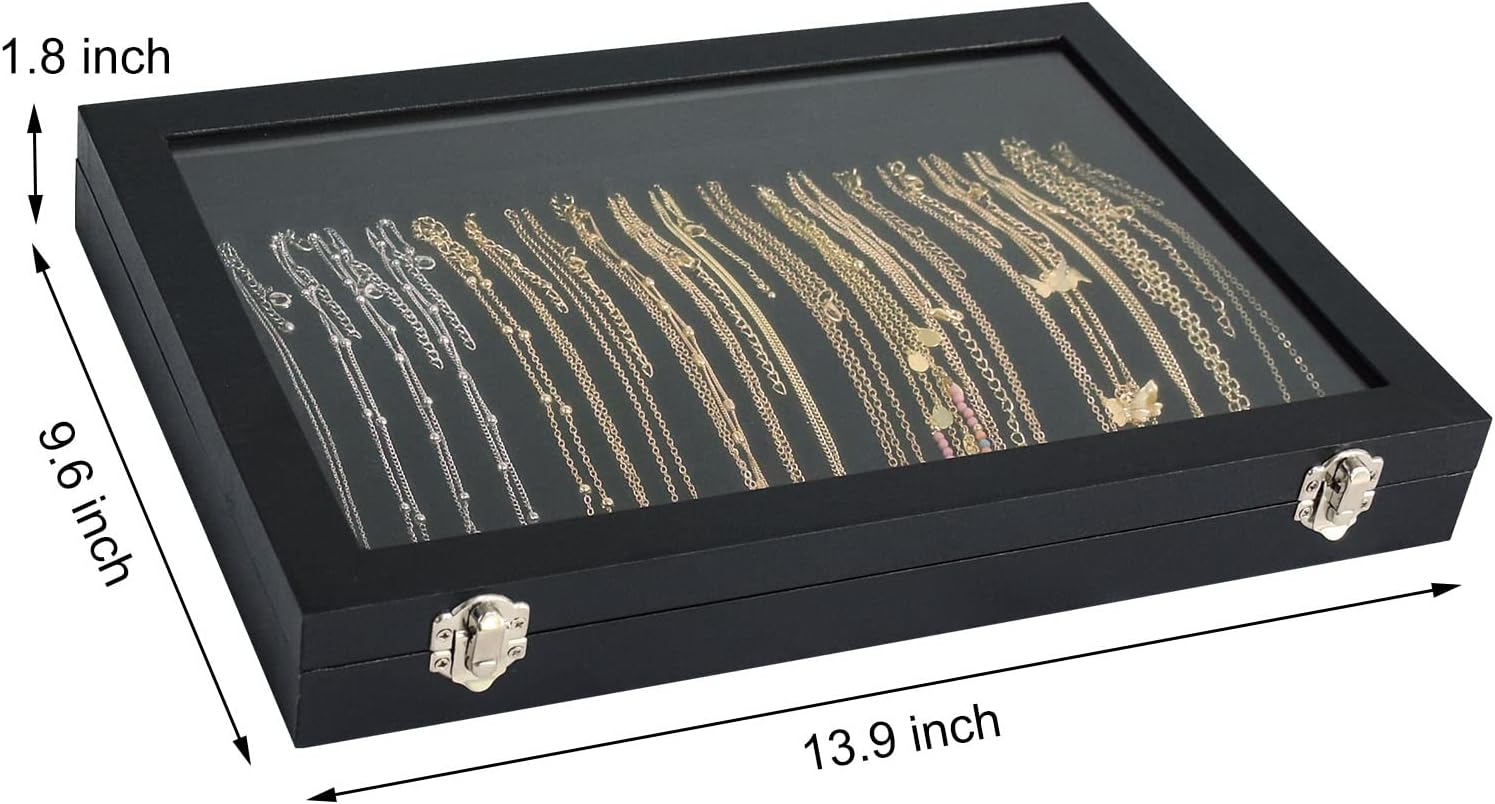 Premium 20 Hooks Necklace Display Jewelry Tray with Transparent Lid, Black