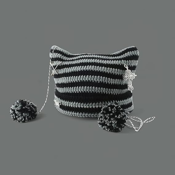 Grunge Beanies Crochet Knitted Hats for Women Girls Fox Cat Ear Goth, Onesize, Grey