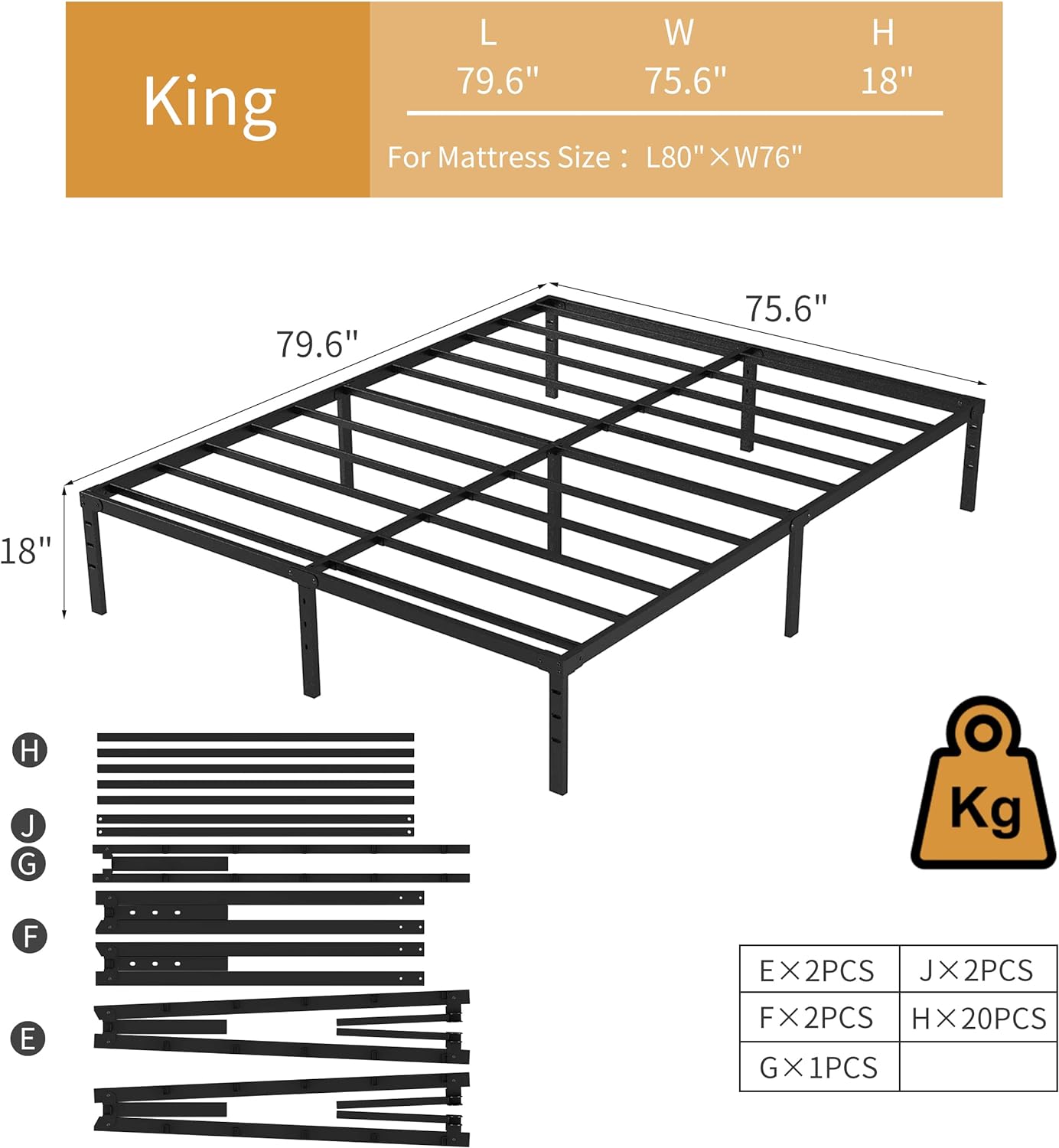Metal Bed Frame-Simple and Atmospheric Metal Platform Bed Frame, Storage Space Under The Bed, 18 Inch, King