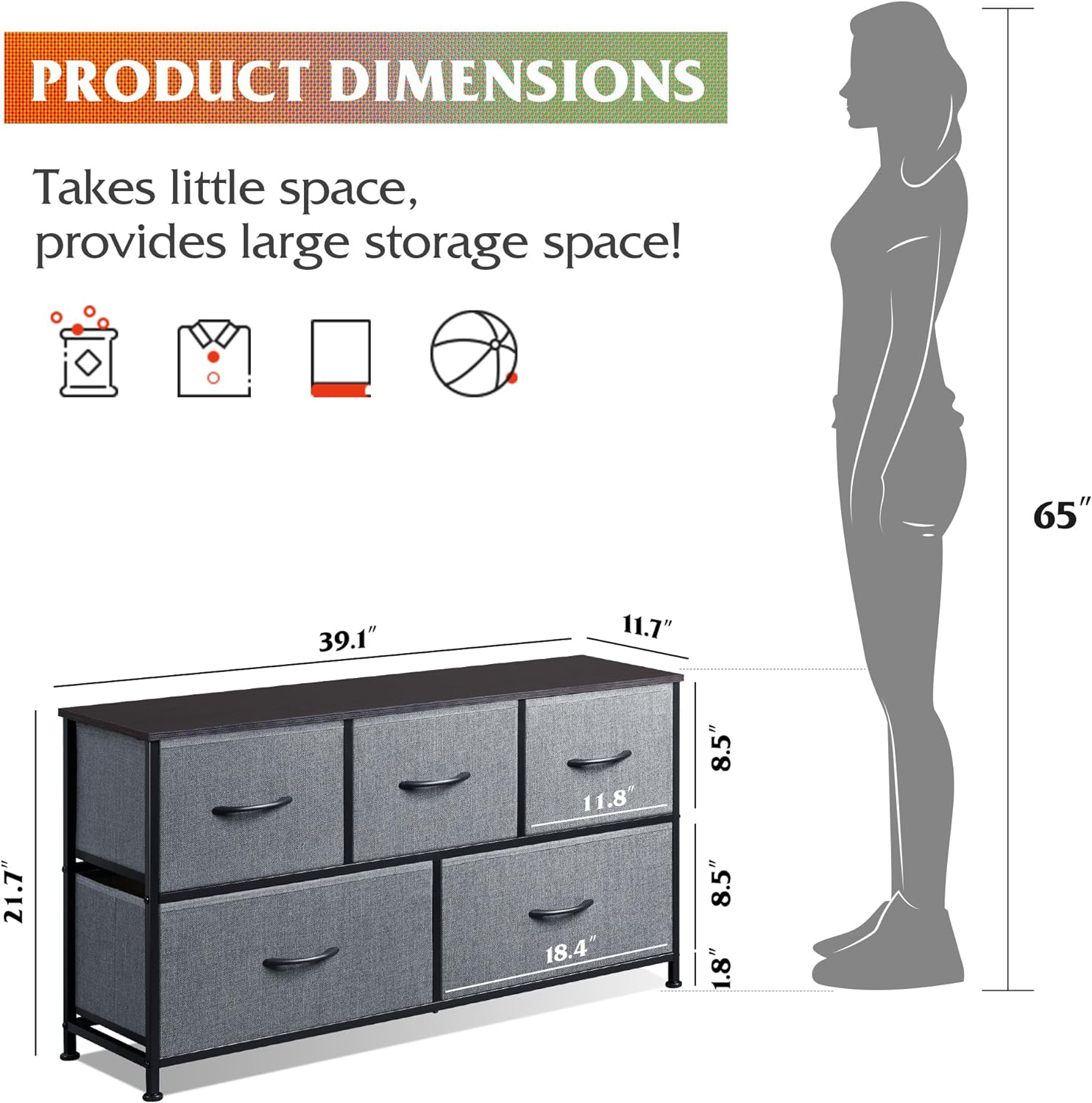 Dresser for Bedroom with 5 Drawers, Organizer Unit with Fabric Bins for Closet, Living Room, Hallway, Dark Grey