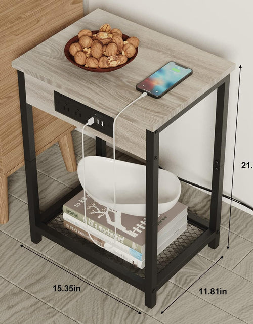 Load image into Gallery viewer, Grey Nightstand with Charging Station Small Bedside Nigh Stand Table with USB Ports, Grey
