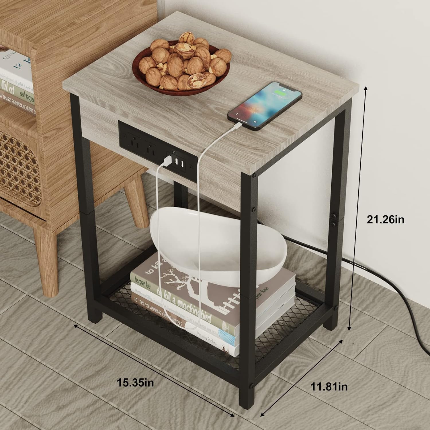 Grey Nightstand with Charging Station Small Bedside Nigh Stand Table with USB Ports, Grey