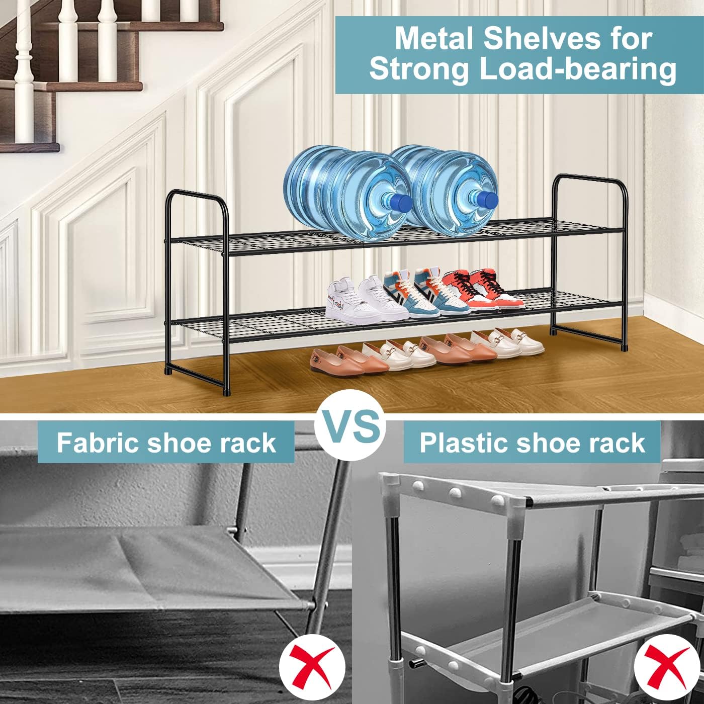 2 Tier Shoe Rack for Closet Metal Wide Stackable Shoe Storage Organizer for Entryway, Black