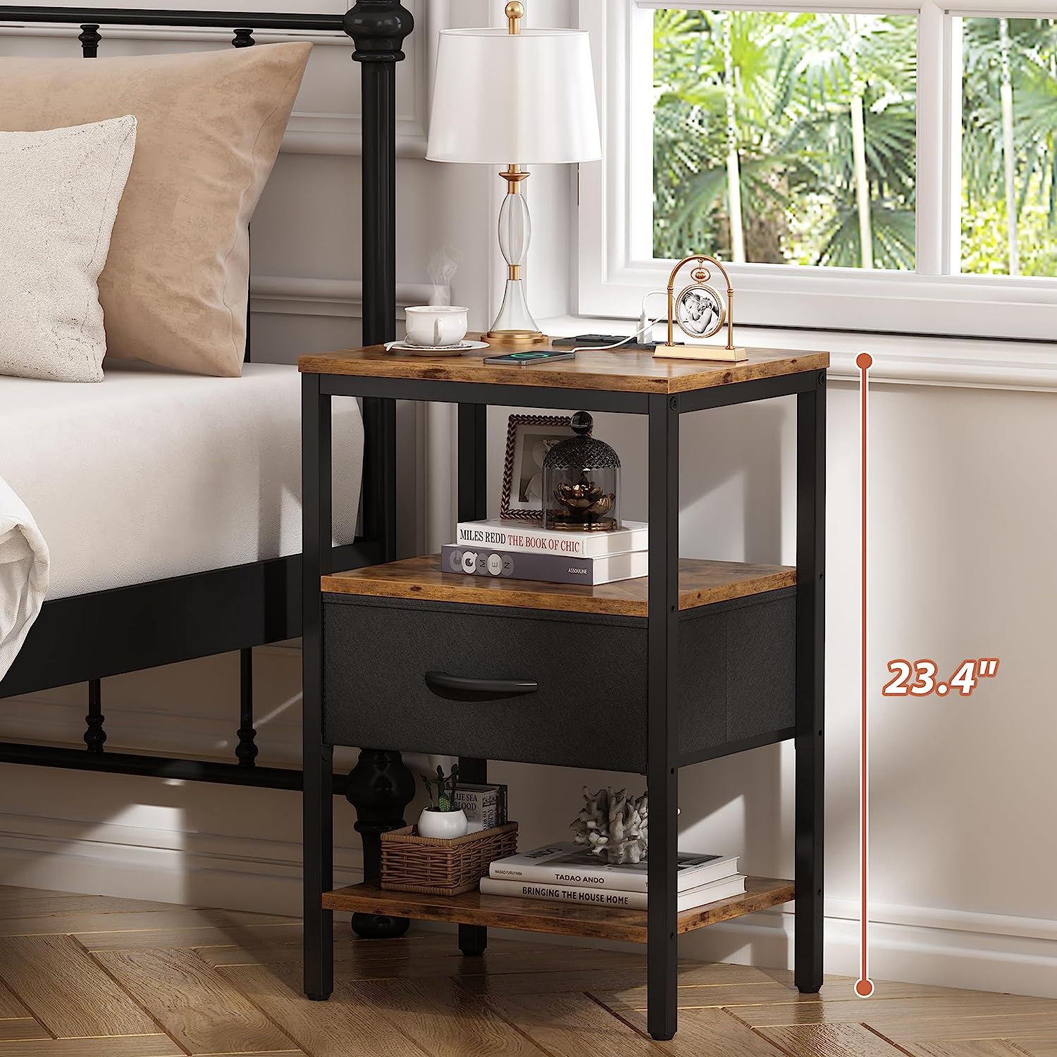 Nightstand with Charging Station, Bed Side Table with Adjustable Fabric Drawer, 3-Tier Storage End Table,