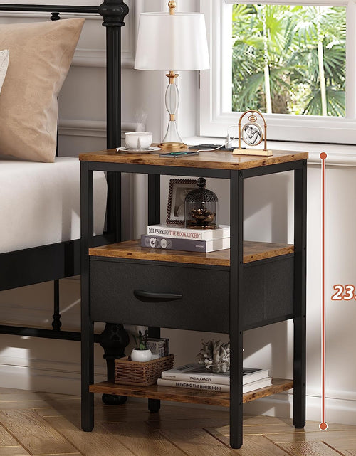 Load image into Gallery viewer, Nightstand with Charging Station, Bed Side Table with Adjustable Fabric Drawer, 3-Tier Storage End Table,
