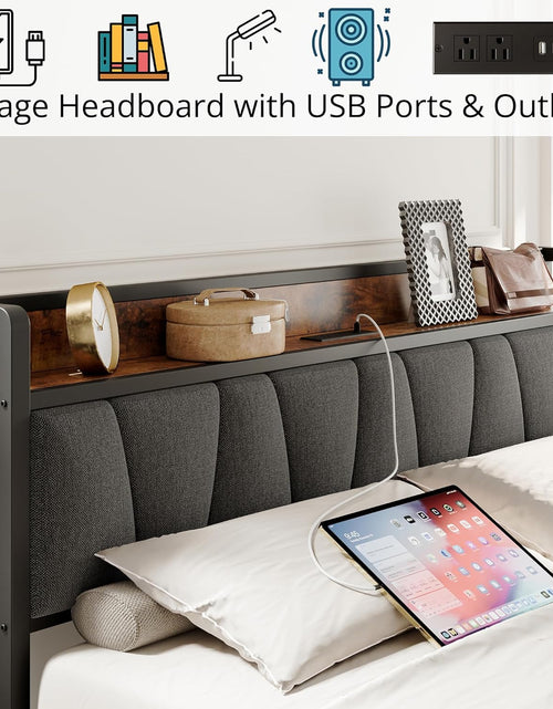 Load image into Gallery viewer, King Size Bed Frame, Storage Headboard with Charging Station, Solid and Stable, Easy Assembly
