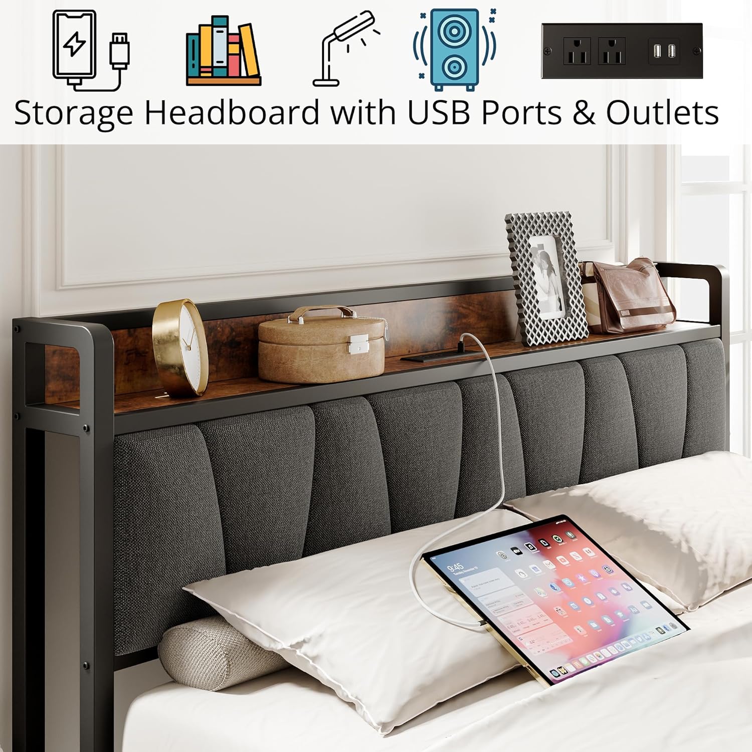 King Size Bed Frame, Storage Headboard with Charging Station, Solid and Stable, Easy Assembly