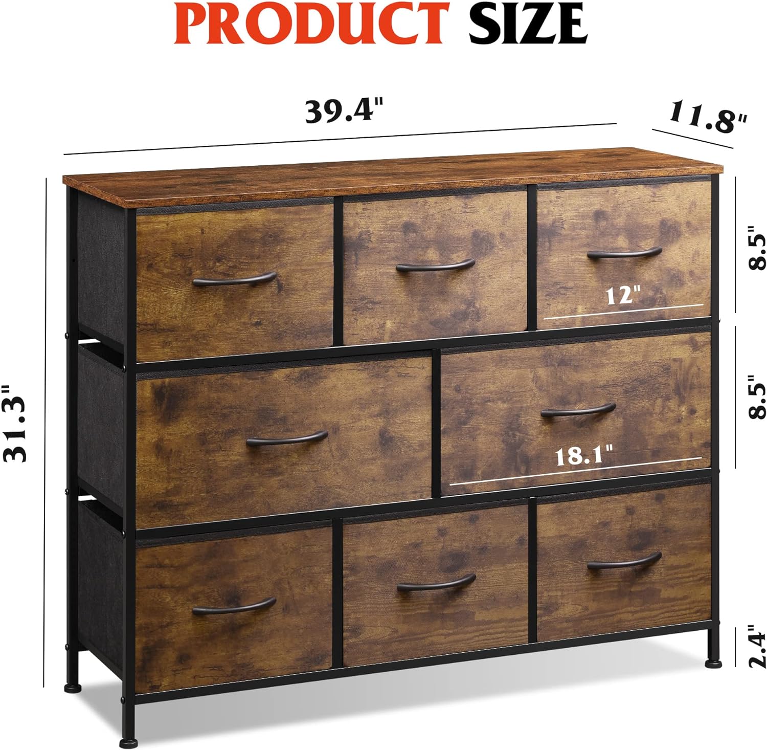 Fabric Dresser for Bedroom - Storage Drawer Unit as TV Stand for 32-43 inch TVs - Wide Dresser with 8 Large Deep Drawers
