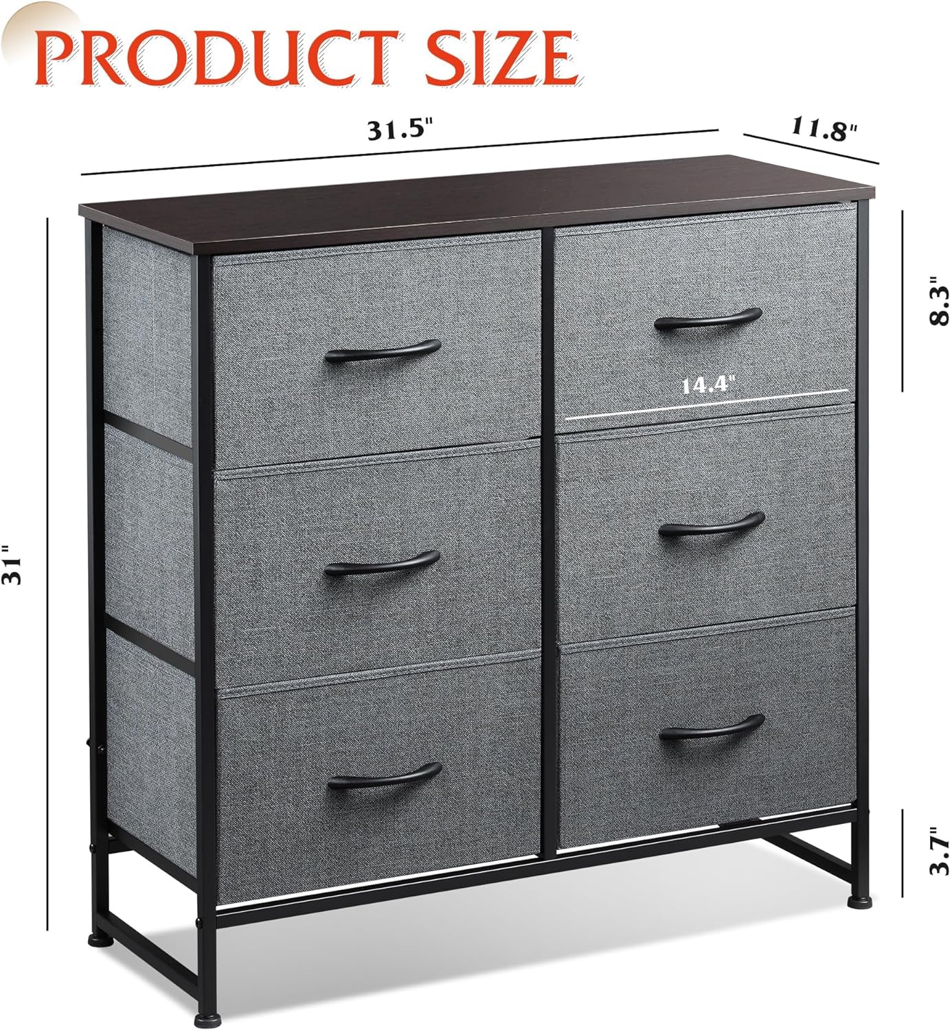 6 Drawer Double Dresser, Storage Tower with Fabric Bins, Dark Grey
