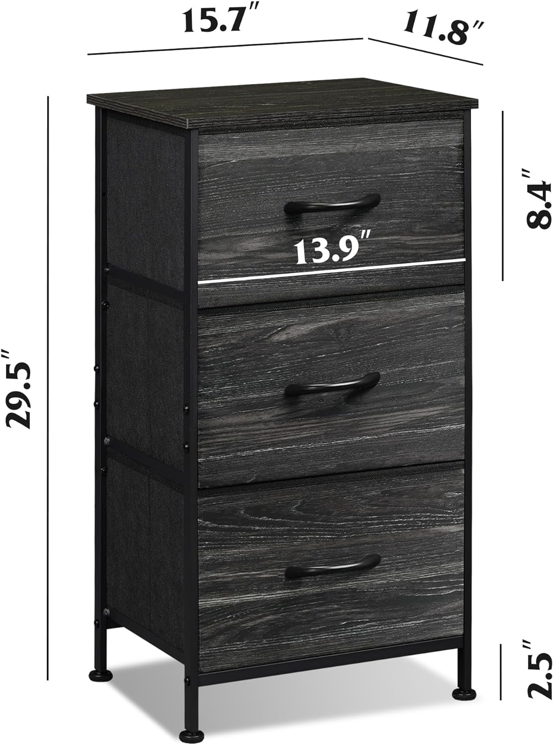 Nightstand with 3 Drawers, Fabric Dresser, Organizer Unit, Charcoal Black Wood Grain Print