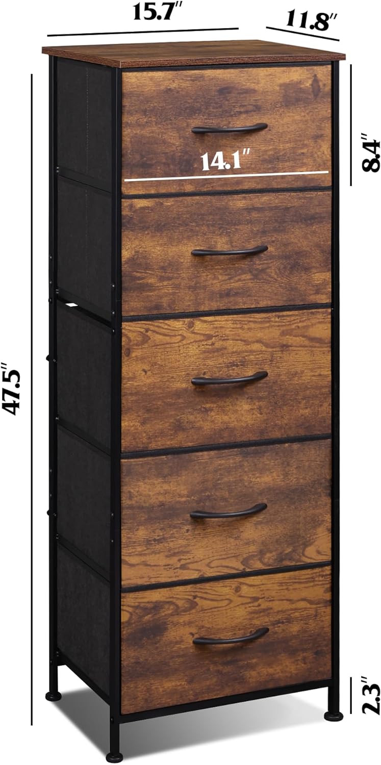 5-Drawer Tall Dresser for Bedroom, Storage Dresser Organizer with Fabric Bins, Rustic Brown