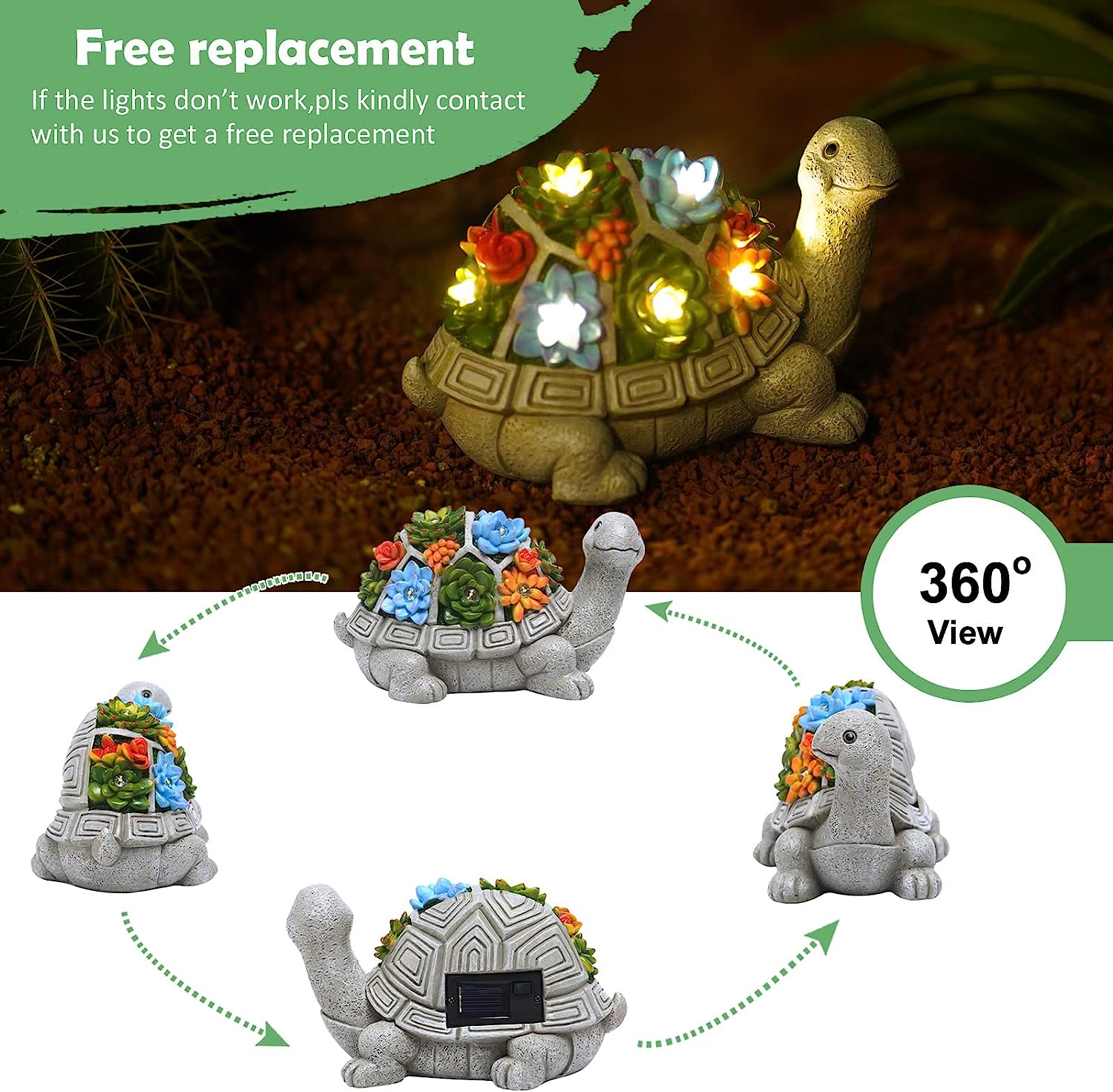 Garden Outdoor Statues Turtle with Succulent and 7 LED Lights