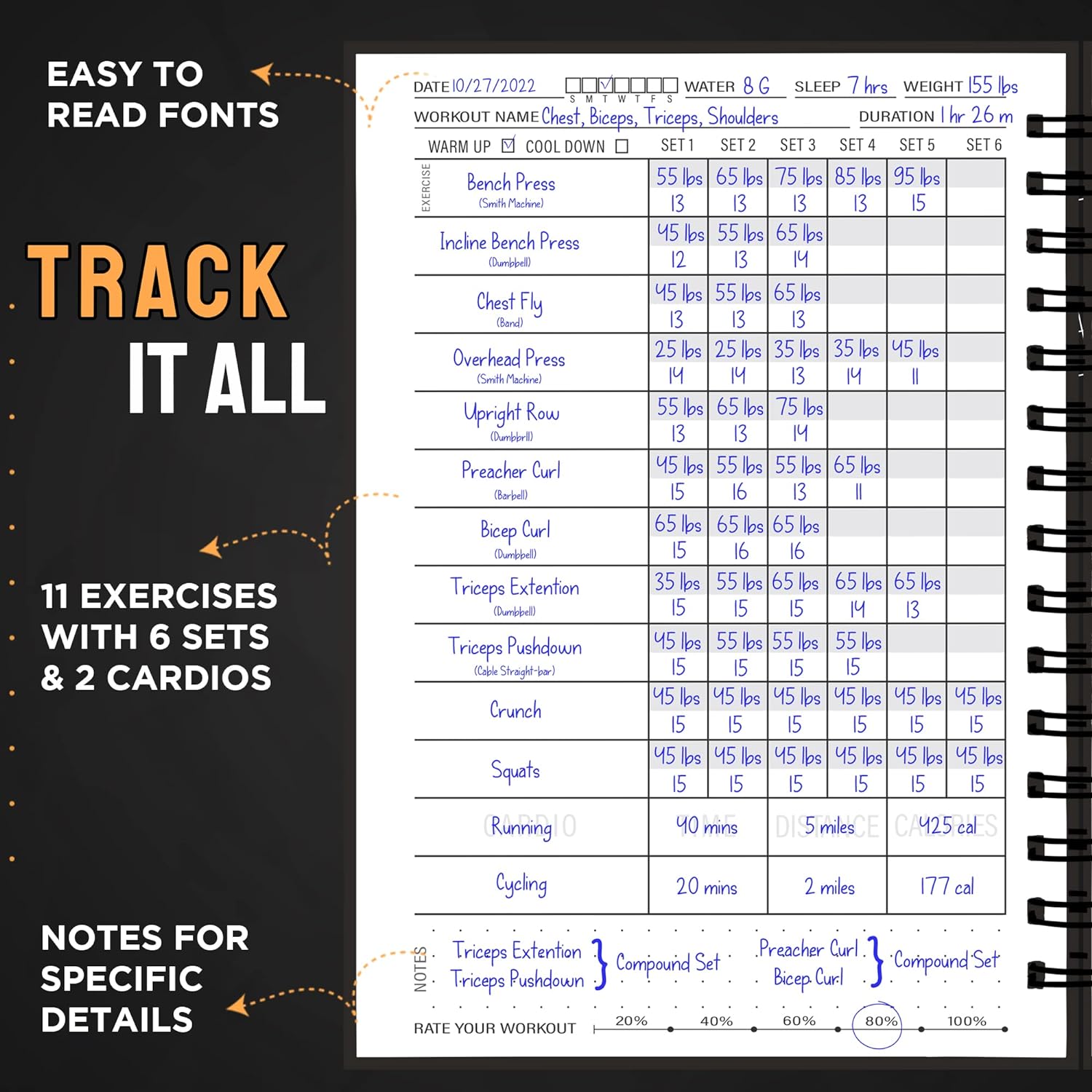 Hardcover Fitness Journal Workout Planner for Men & Women - A5 Sturdy Workout Log Book, Black